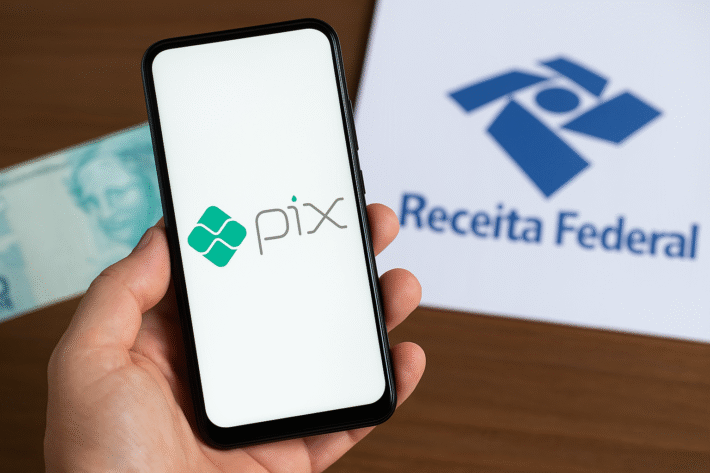 Pessoa segurando um smartphone com o logo do Pix na tela, ao fundo uma nota de dinheiro e o logo da Receita Federal do Brasil em papel sobre uma superfície de madeira.