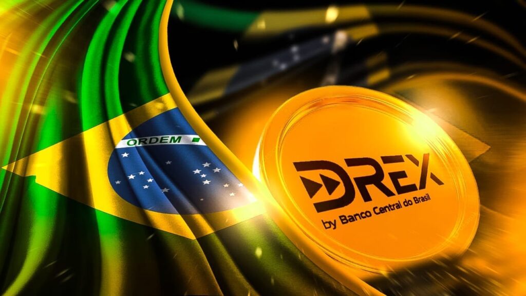 Moeda dourada com o logo do Drex, o real digital do Banco Central do Brasil, em destaque sobre a bandeira do Brasil.