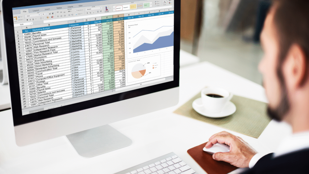 Planilha de finanças pessoais com gráficos e cálculo de despesas.