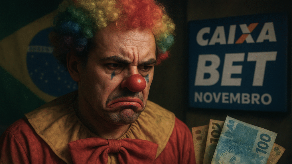 Palhaço triste segurando dinheiro, com o logo “Caixa Bet” ao fundo, simbolizando a crítica ao lançamento da plataforma de apostas da Caixa Econômica Federal.