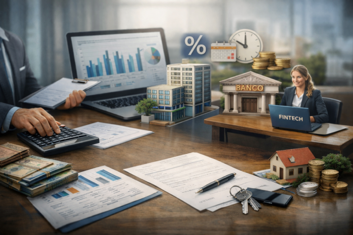 Imagem ilustrativa de um empréstimo PJ, mostrando elementos financeiros e empresariais.