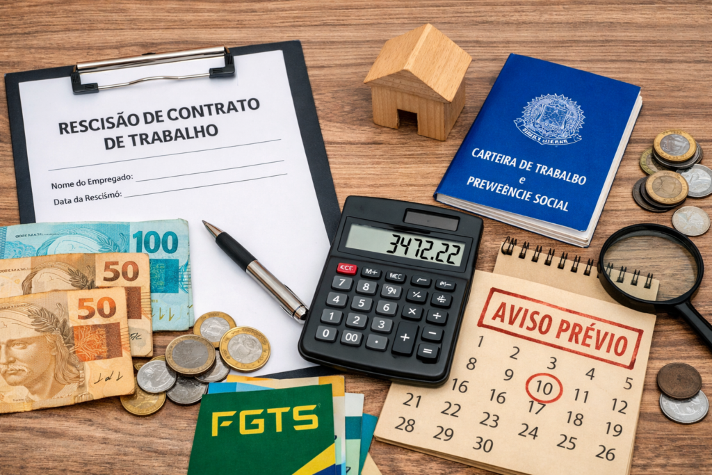 Ilustração de cálculo de rescisão por pedido de demissão, mostrando saldo de salário, férias proporcionais, décimo terceiro, FGTS, aviso prévio e uma calculadora.