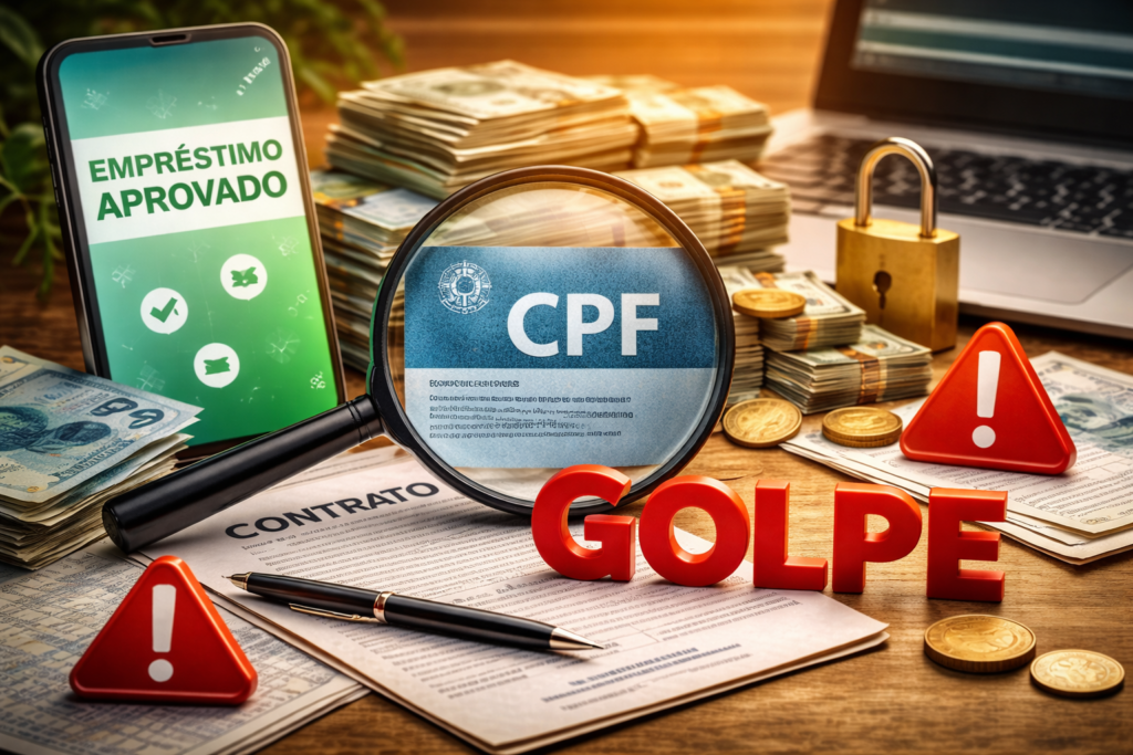 Imagem realista mostrando documentos financeiros, dinheiro, cartão de crédito e celular com aplicativo bancário, representando golpes em empréstimos para negativados.