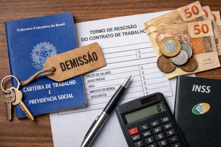 Descontos no pedido de demissão mostrando carteira de trabalho, cálculo da rescisão trabalhista e dinheiro em reais