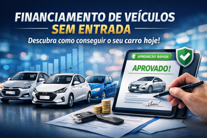 Imagem ilustrativa de financiamento de veículos sem entrada via leasing, mostrando carros modernos, contrato digital aprovado e ícones de aprovação rápida.